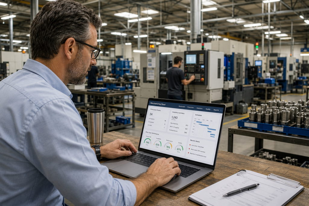 Manufacturing team using manufacturing software for small business to improve production efficiency.