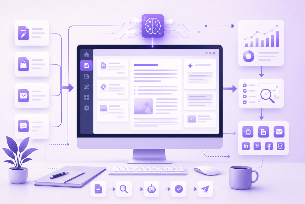 Jasper AI illustration showing AI writing software for content creation, SEO, and digital marketing.