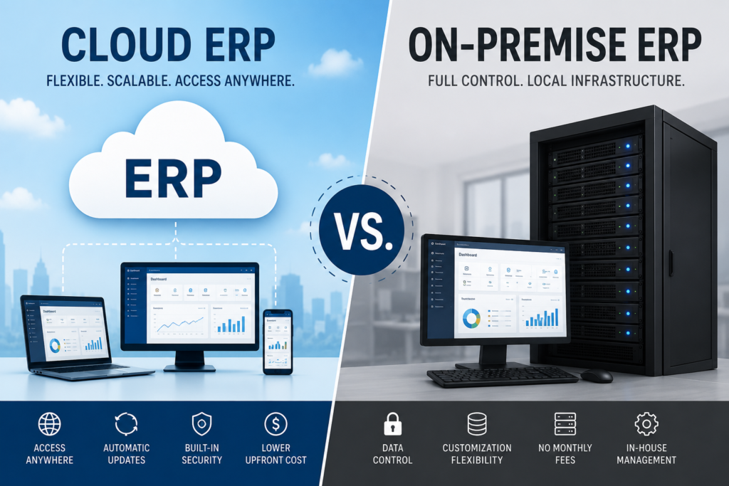Cloud ERP vs On-Premise ERP comparison showing cloud-based software, on-site servers, key features, costs, security, and deployment differences.