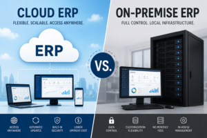 Cloud ERP vs On-Premise ERP comparison showing cloud-based software, on-site servers, key features, costs, security, and deployment differences.