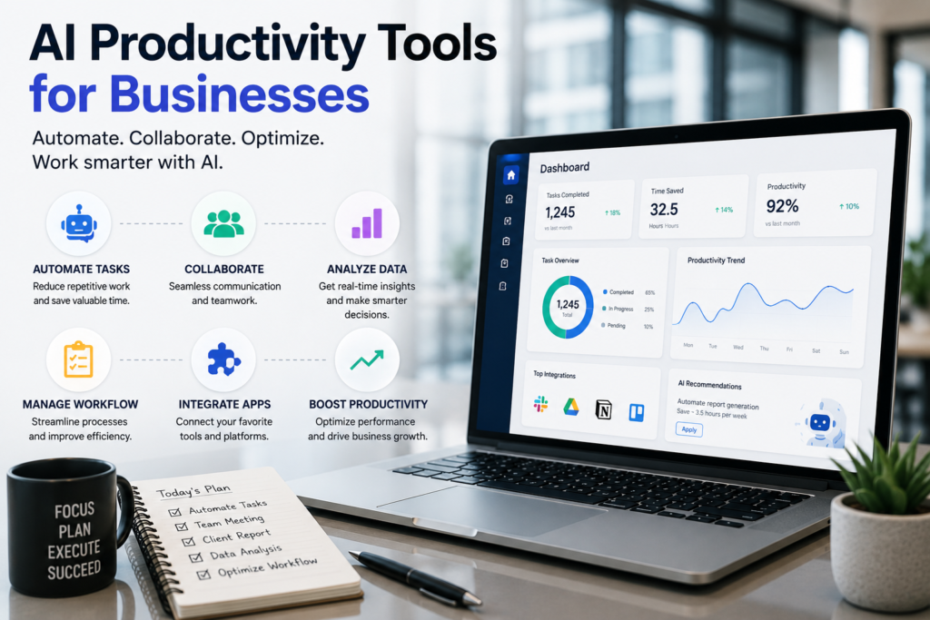 Visual representation of AI productivity tools for businesses improving workflow efficiency and team productivity