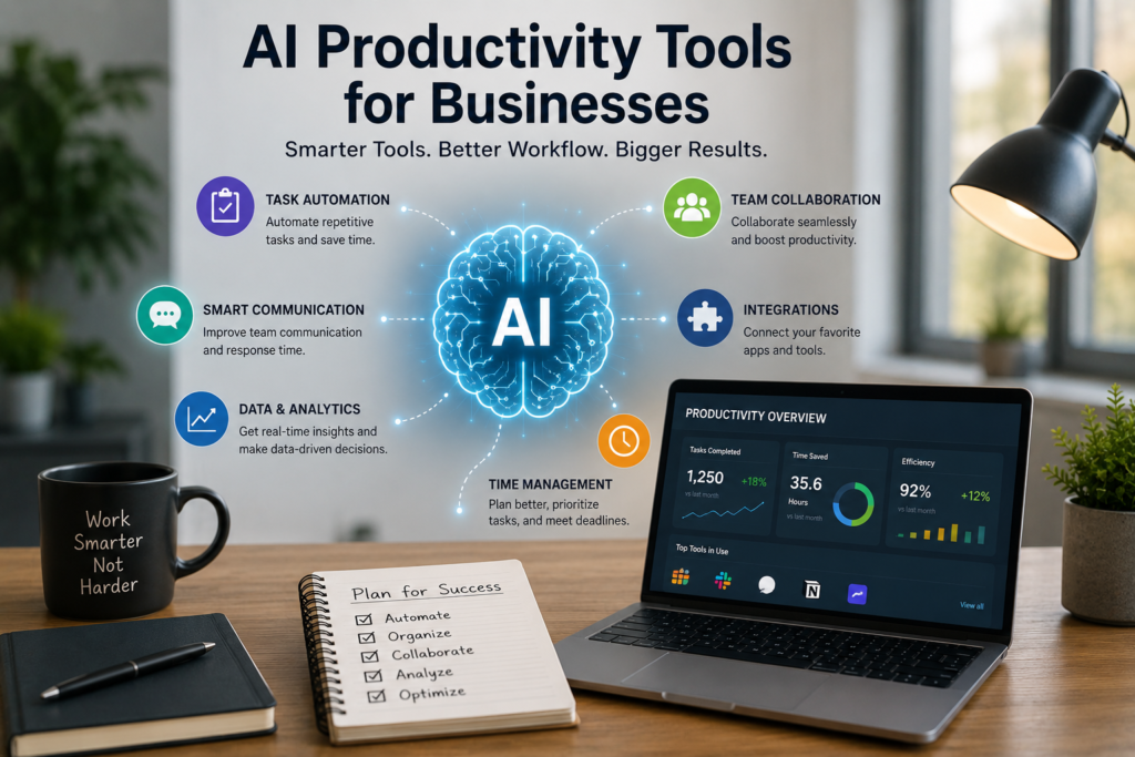 AI productivity tools for businesses dashboard showing automation, workflow management, analytics, and team collaboration