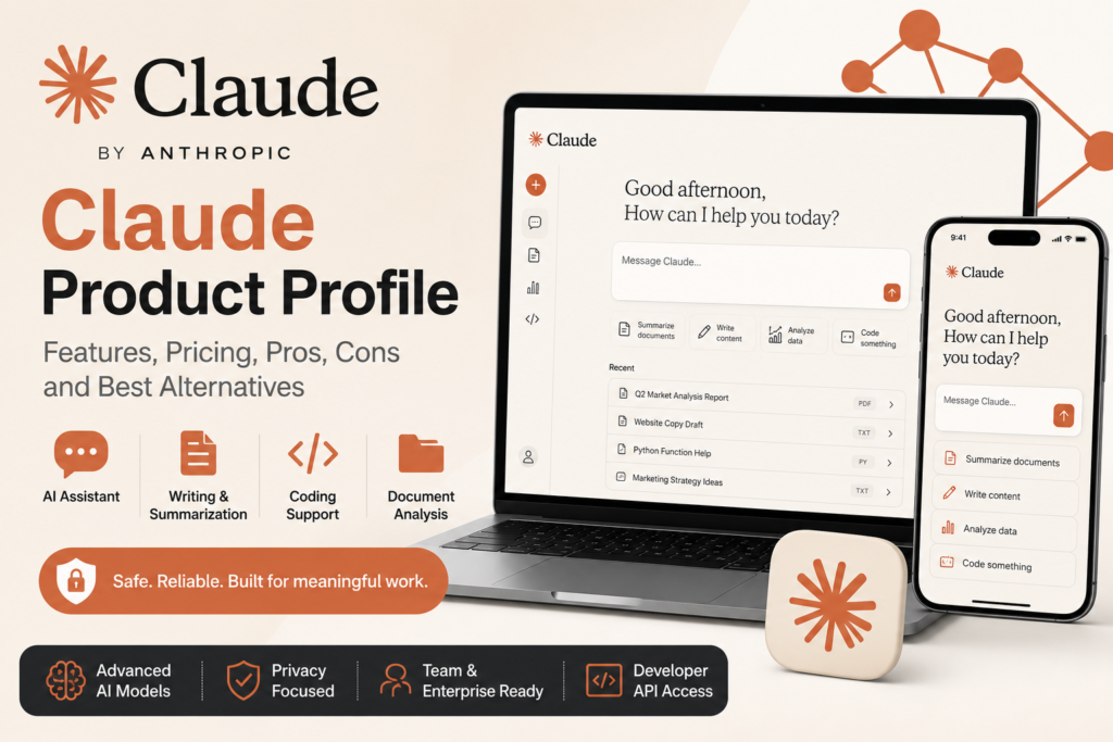 Claude Product Profile featuring Anthropic's AI assistant with pricing, features, coding support, document analysis, API access and platform overview