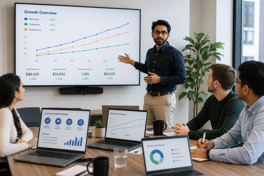 Startup team planning customer growth to scale a startup without burning cash.