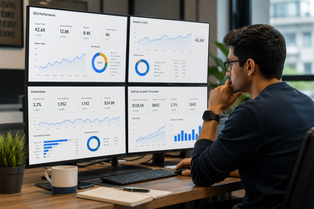 Startup marketing strategy using SEO analytics and conversion tracking to drive business growth.