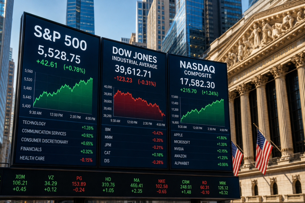Stock market indices explained with the S&P 500, Dow Jones, and Nasdaq Composite displayed on digital market boards.