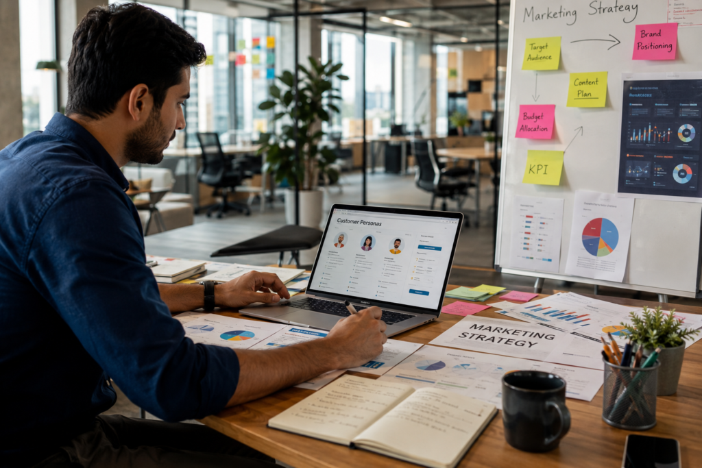 Startup marketing strategy planning by a SaaS founder analyzing customer personas and business growth.