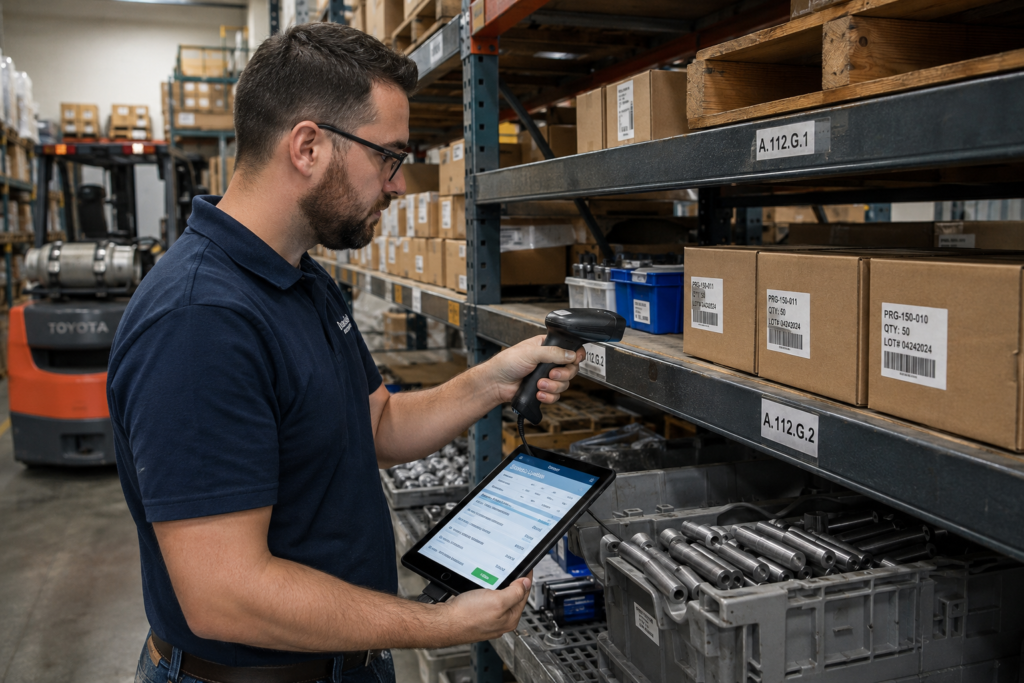 Inventory tracking with manufacturing software for small business in a production warehouse.