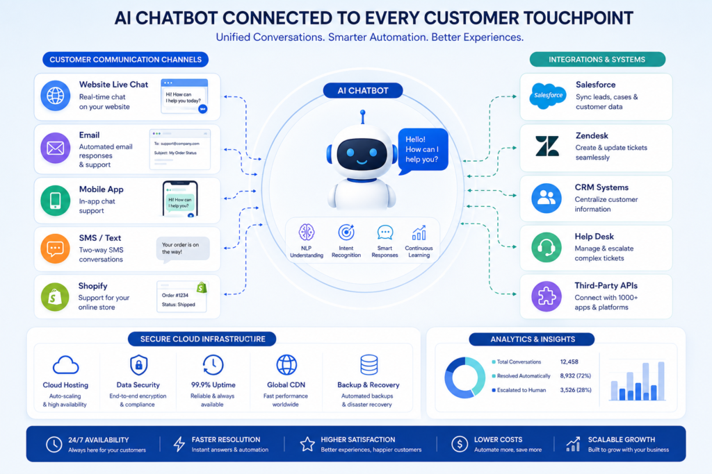 AI chatbot software integrating customer support across multiple business platforms.