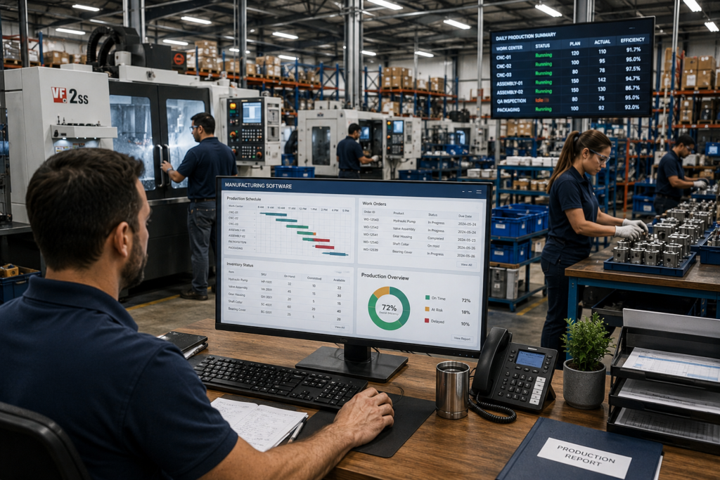 Manufacturing software for small business helping manage production scheduling and inventory in a modern factory.