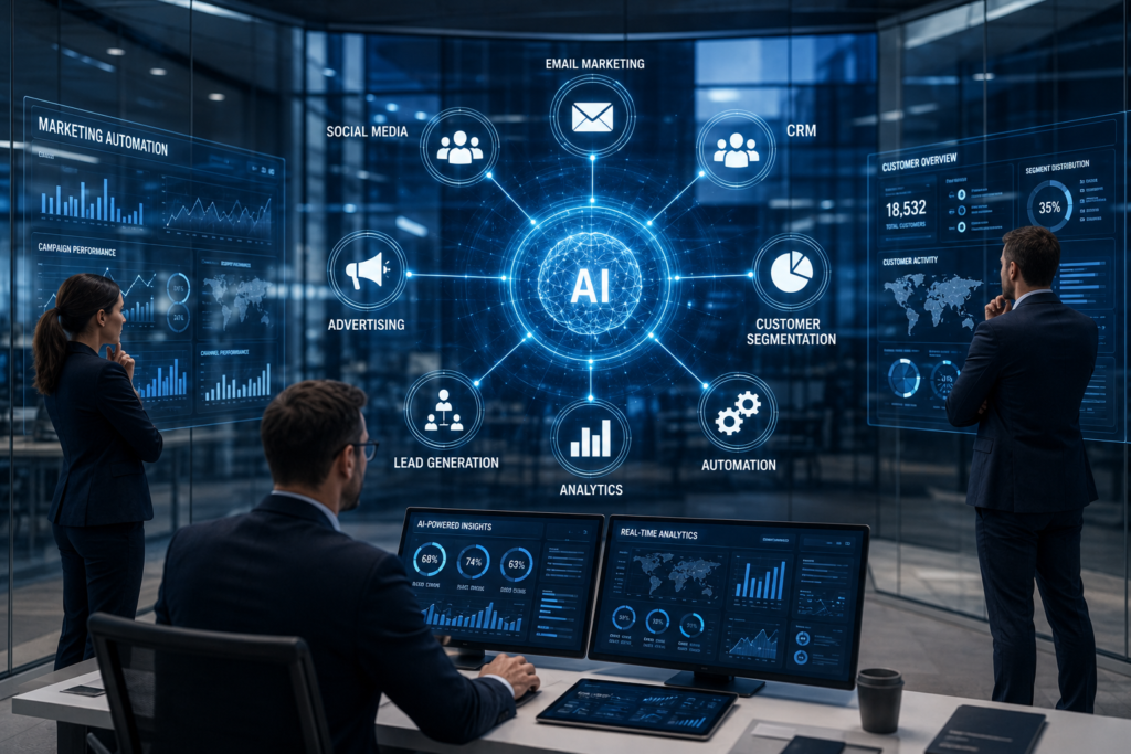 AI marketing automation workflow showing automated customer journeys and lead scoring.