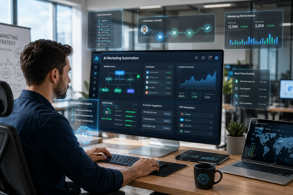 AI marketing automation connecting email marketing, CRM, social media, and digital advertising.