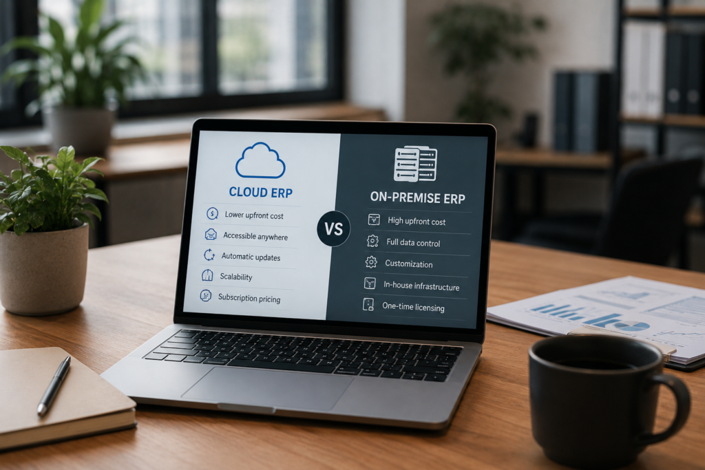 Cloud ERP versus On-Premise ERP visual comparison highlighting accessibility, data control, and implementation differences.