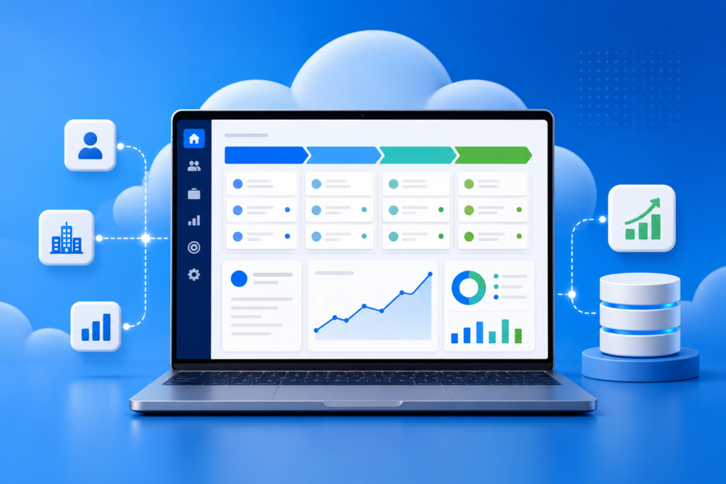 Salesforce Sales Cloud CRM dashboard showing sales pipeline, customer data, analytics and revenue growth charts.