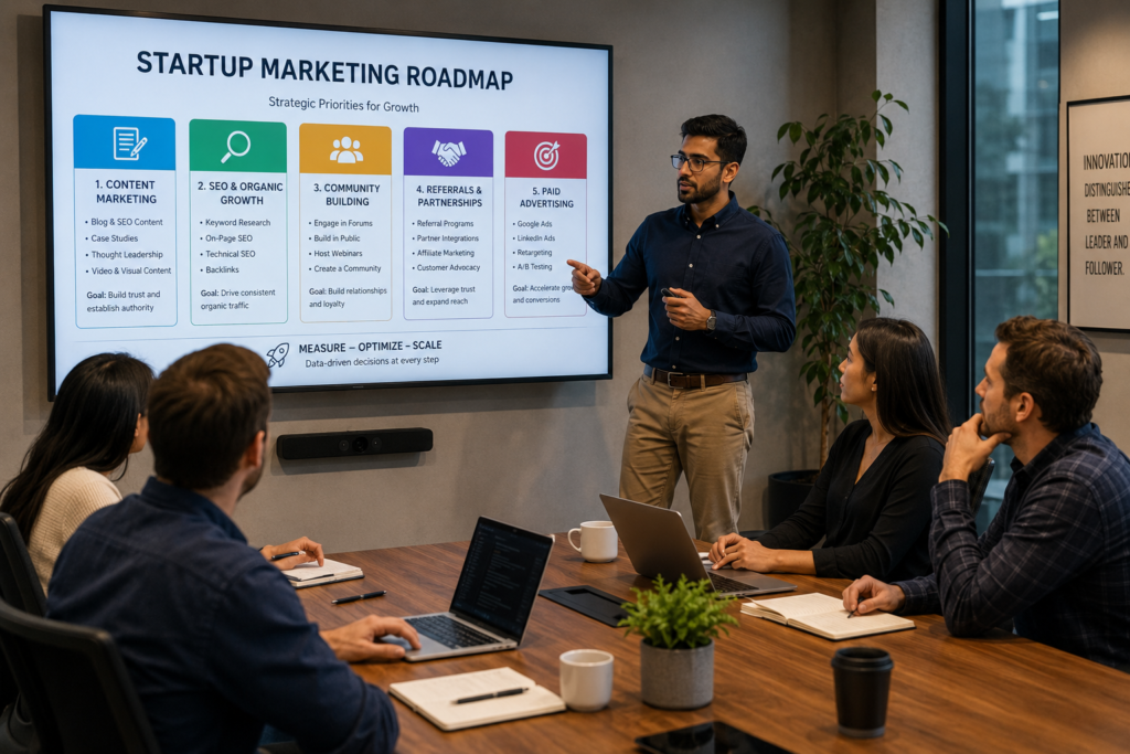Startup marketing strategy roadmap showing content marketing, SEO, and customer acquisition channels.