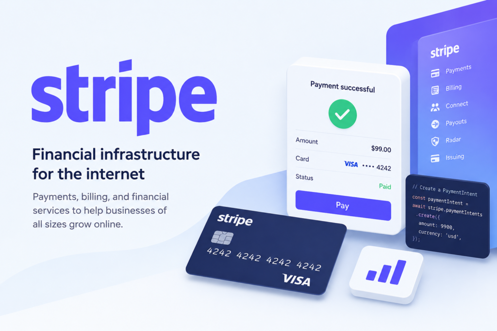 Stripe dashboard and payment infrastructure platform showing online payments, billing, APIs, fraud protection, and financial services for businesses.
