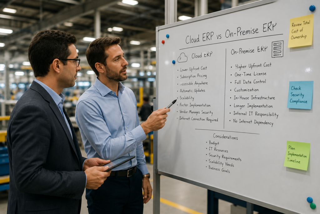 Cloud ERP vs On-Premise ERP comparison with cloud infrastructure, local servers, and business deployment options.