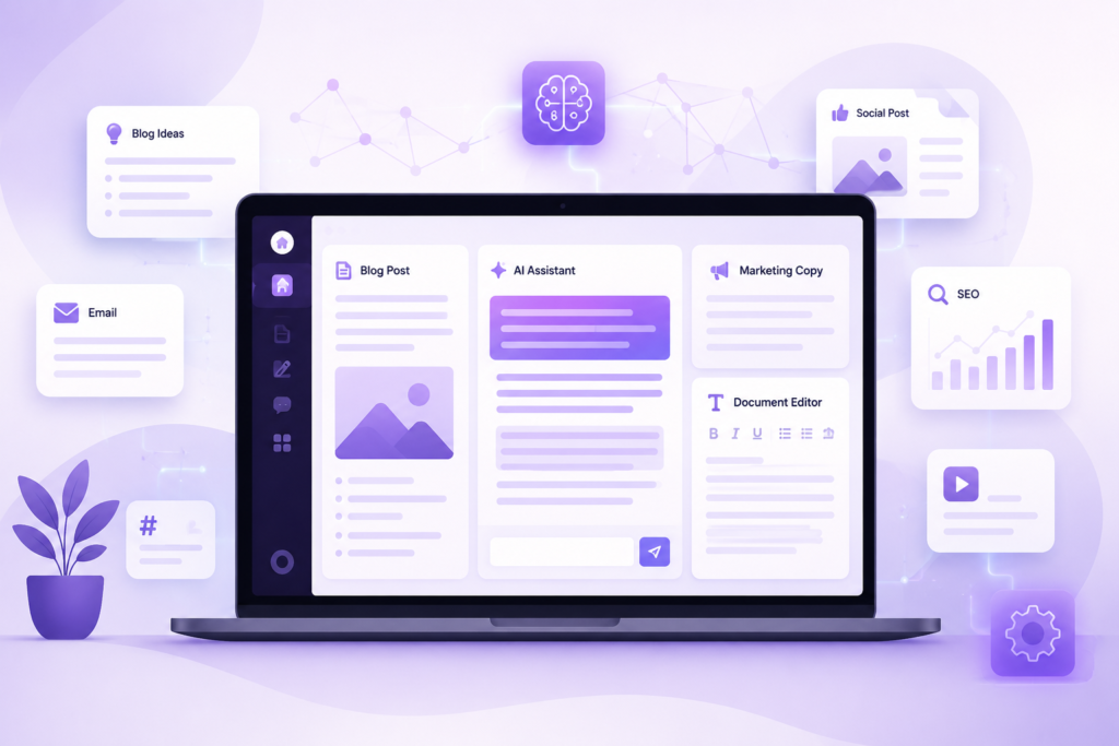 Jasper AI writing assistant illustration showing AI-powered content creation and marketing automation.