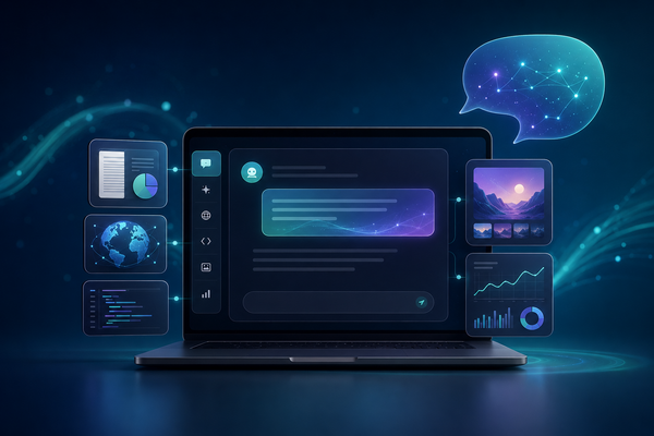 ChatGPT AI workspace showing conversational assistance, document analysis, web research, coding, images and analytics.
