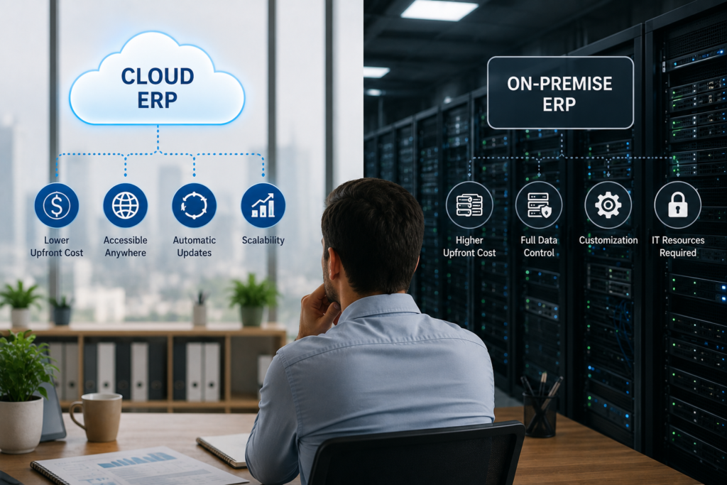 Cloud ERP versus On-Premise ERP visual comparison highlighting accessibility, data control, and implementation differences.