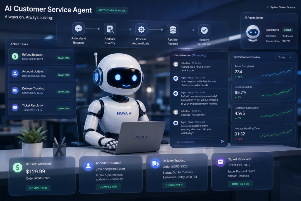 AI customer service agent automatically resolving customer support tickets.