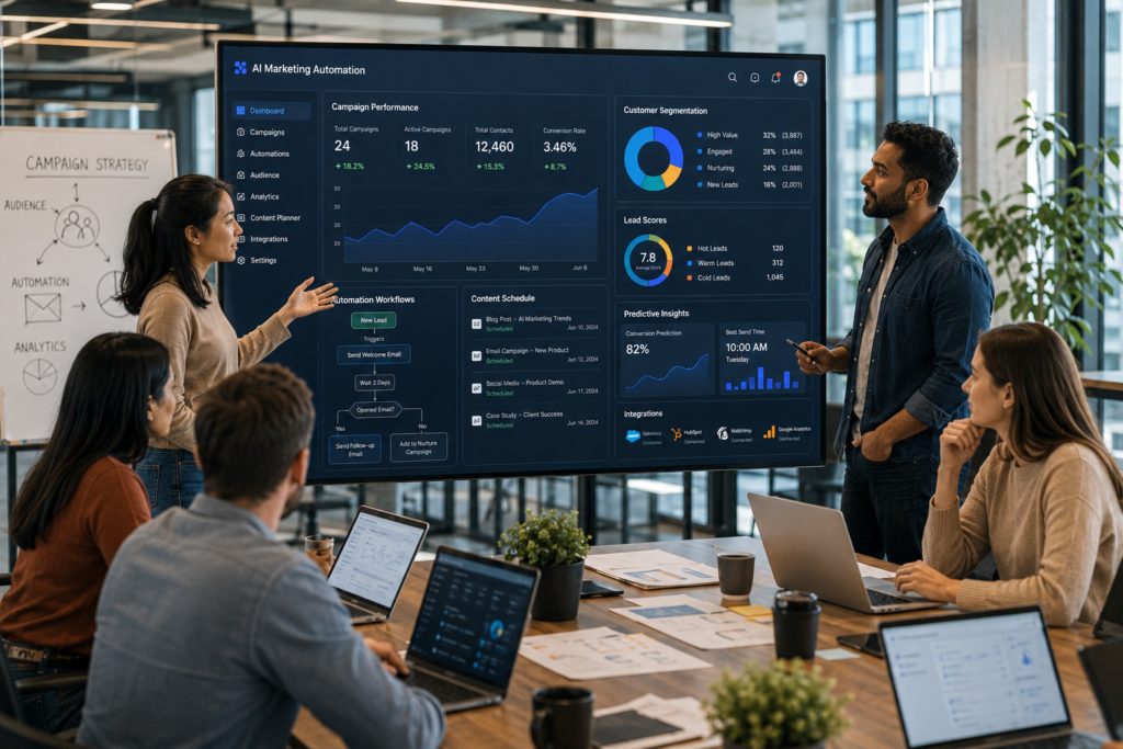Startup team using AI marketing automation tools to manage digital marketing campaigns.