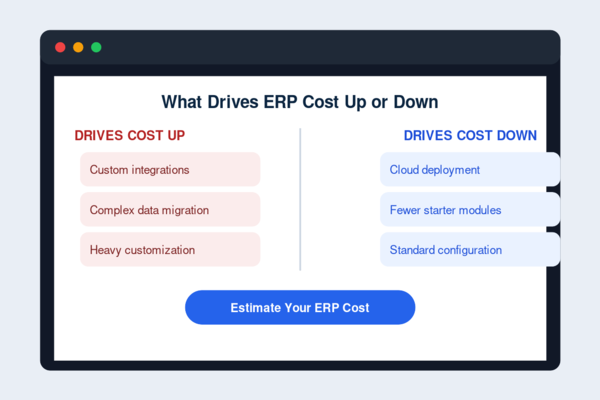 "Chart showing what drives ERP pricing up or down, from custom integrations to cloud deployment"