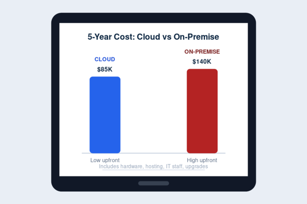 "ERP pricing comparison between cloud and on-premise deployment over a five-year period"