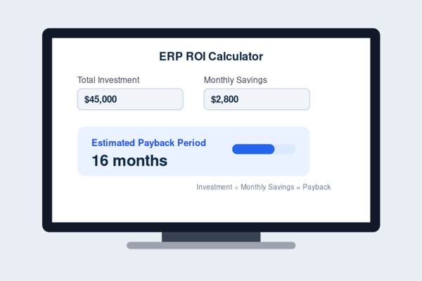 "ERP pricing ROI calculator showing total investment, monthly savings, and payback period"