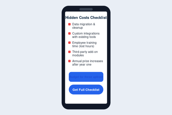 "Hidden ERP pricing costs checklist covering data migration, integrations, training, and add-ons"

