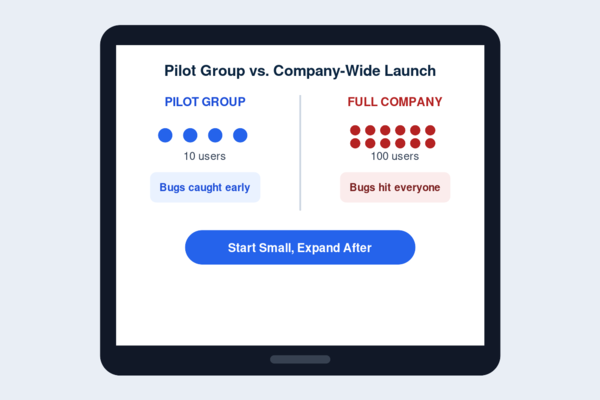 "ERP implementation pilot group versus company-wide launch comparison showing bug impact"