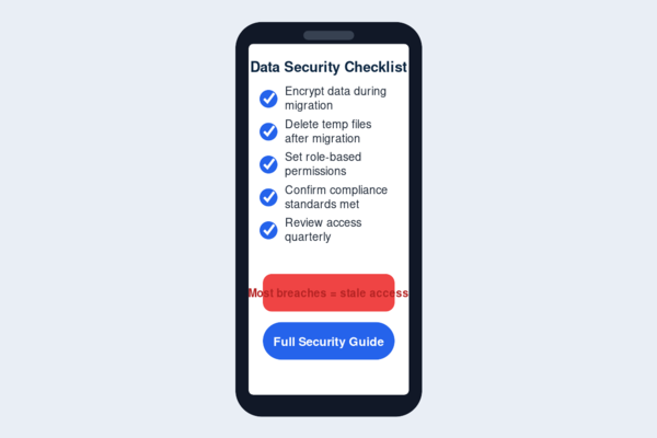 "Data security checklist for ERP implementation covering migration, permissions, and compliance"