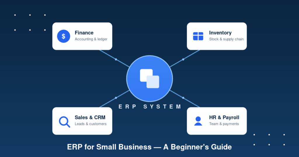 "ERP for small business — dashboard connecting finance, inventory, sales, and HR"