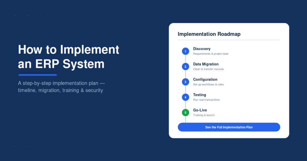 "ERP implementation roadmap showing the five-phase rollout from discovery and data migration through configuration, testing, and go-live"