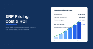 "ERP pricing breakdown showing implementation, licensing, and support costs alongside a three-year ROI payback chart"