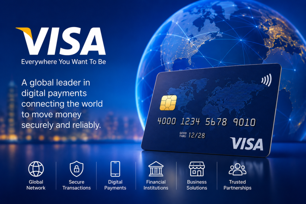 Visa global payment network featuring digital payments, Visa Direct, payment processing, fraud protection, and secure financial technology.