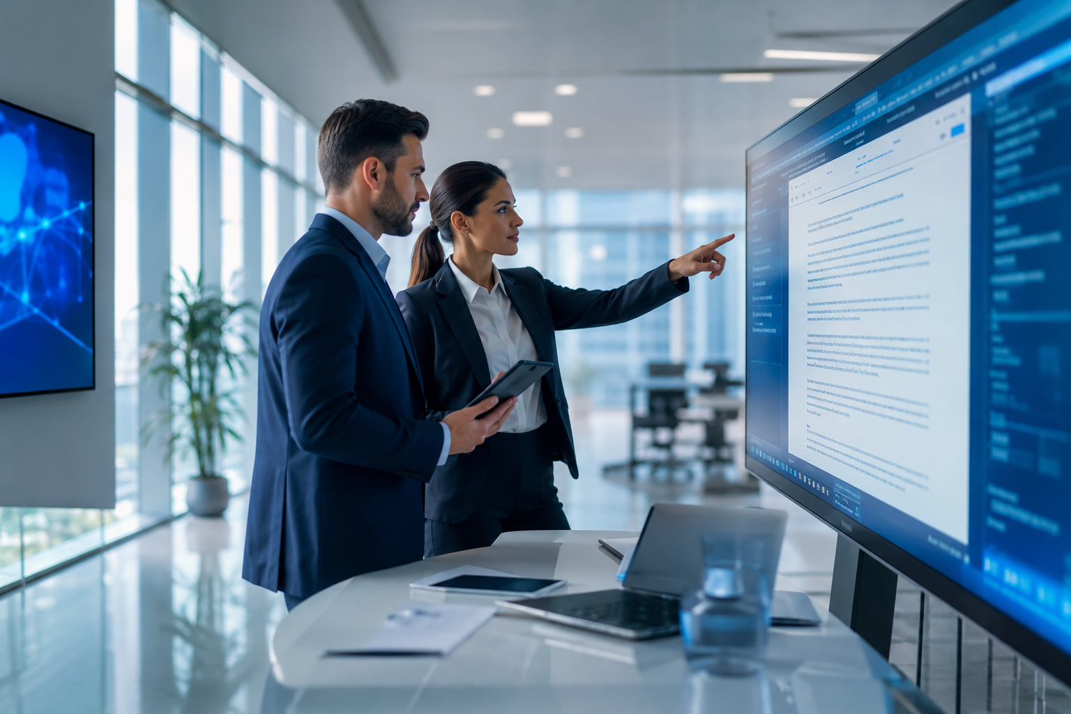 Business professionals reviewing enterprise legal agreements and compliance documents