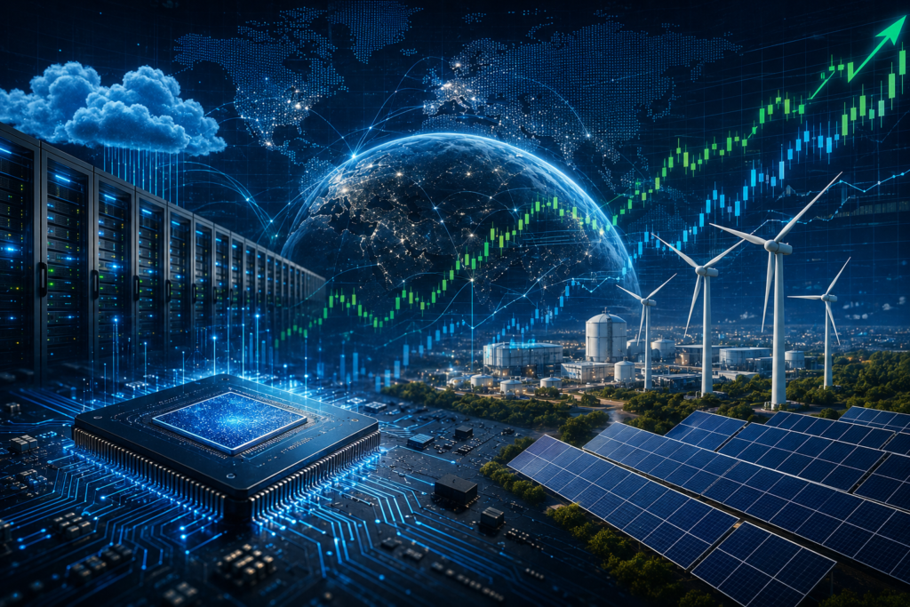 AI infrastructure and renewable energy investment themes, including data centers, wind turbines, and solar panels