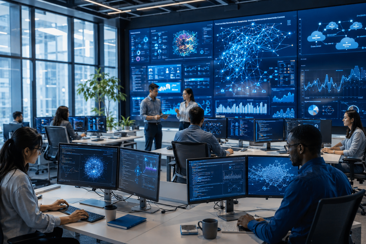 Artificial intelligence engineers and software developers working in a modern AI innovation center