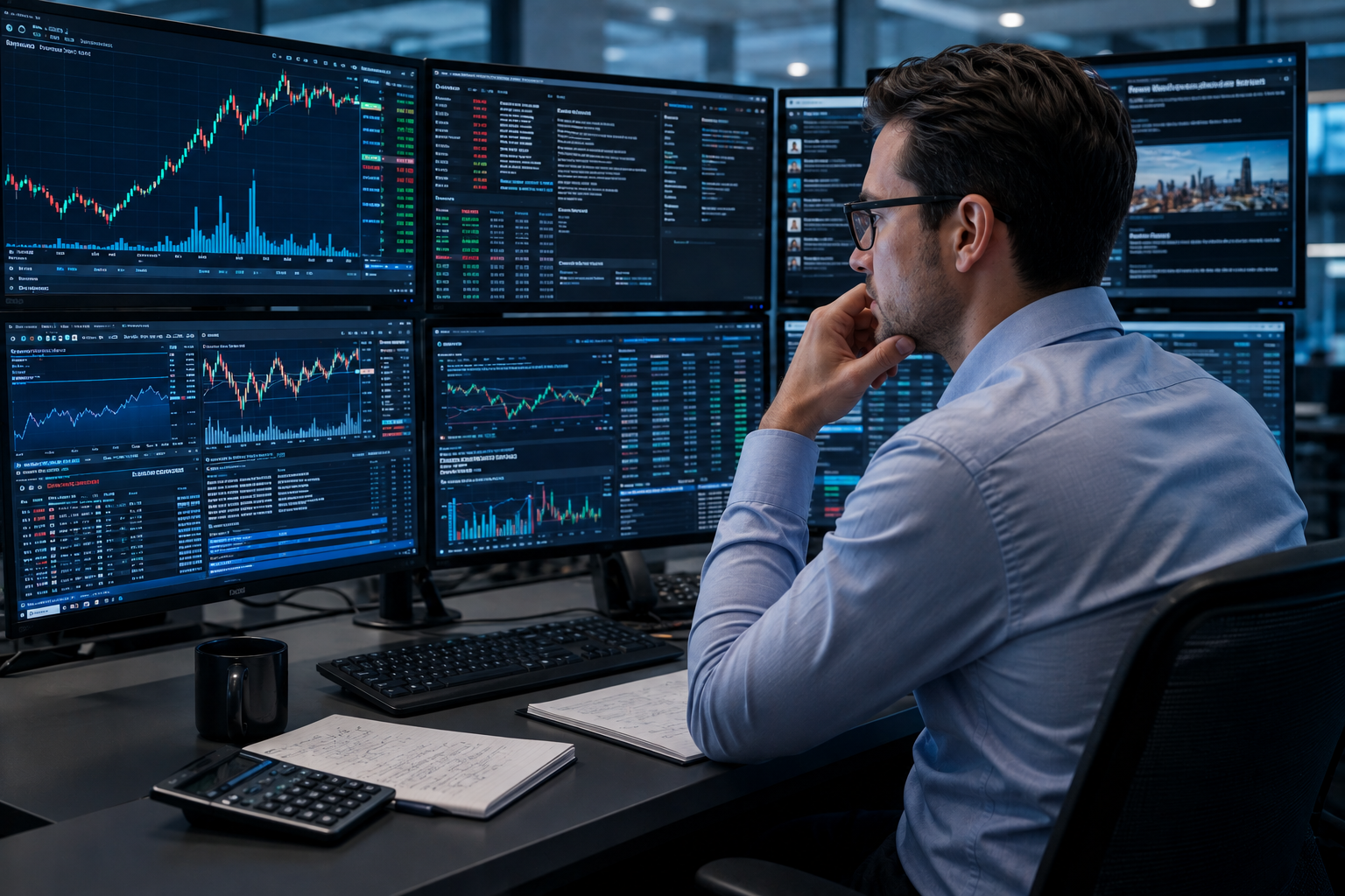 Investor analyzing stock-market movers, trading volume, company news, and valuation data