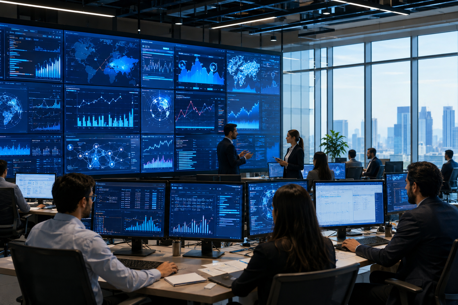 Financial technology professionals using AI-powered analytics and digital finance platforms inside a modern fintech headquarters
