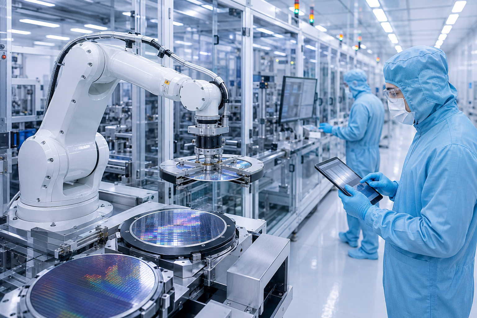 Semiconductor engineers designing advanced microchips and AI processors inside a modern technology laboratory