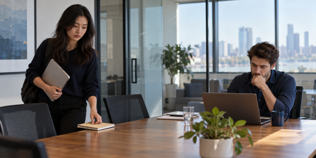 One co-founder leaves a meeting while another reviews the company’s ownership records.