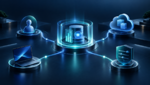 Zero trust architecture connecting business identity, devices, cloud applications and protected data