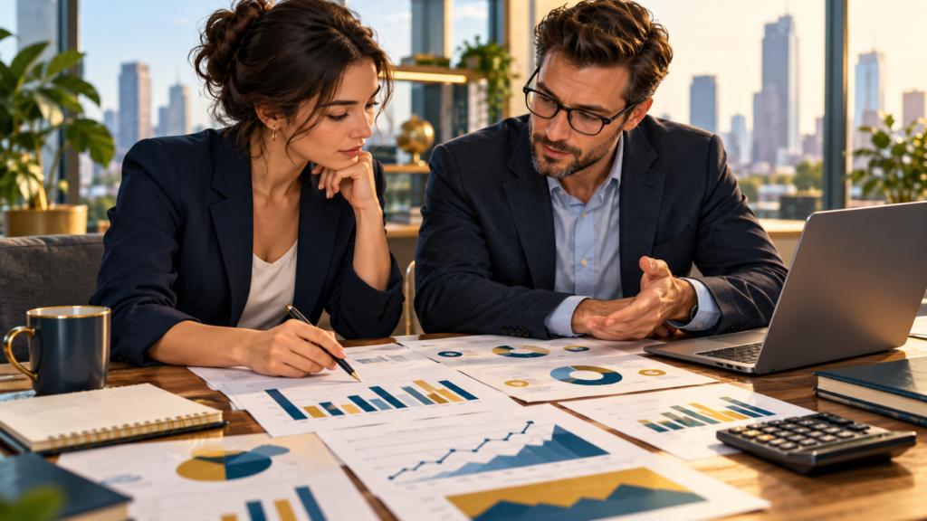 Founder and financial advisor reviewing startup financial charts and projections before angel investor due diligence.