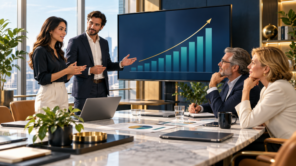Startup founders presenting a growth chart to angel investors during a business meeting.