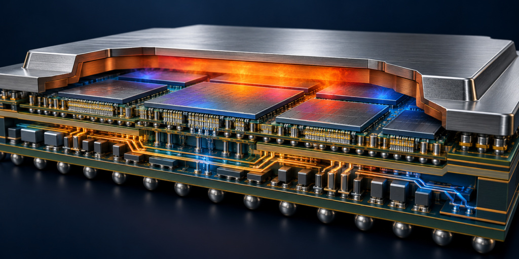 Conceptual cutaway showing heat and power paths in advanced packaging AI chips