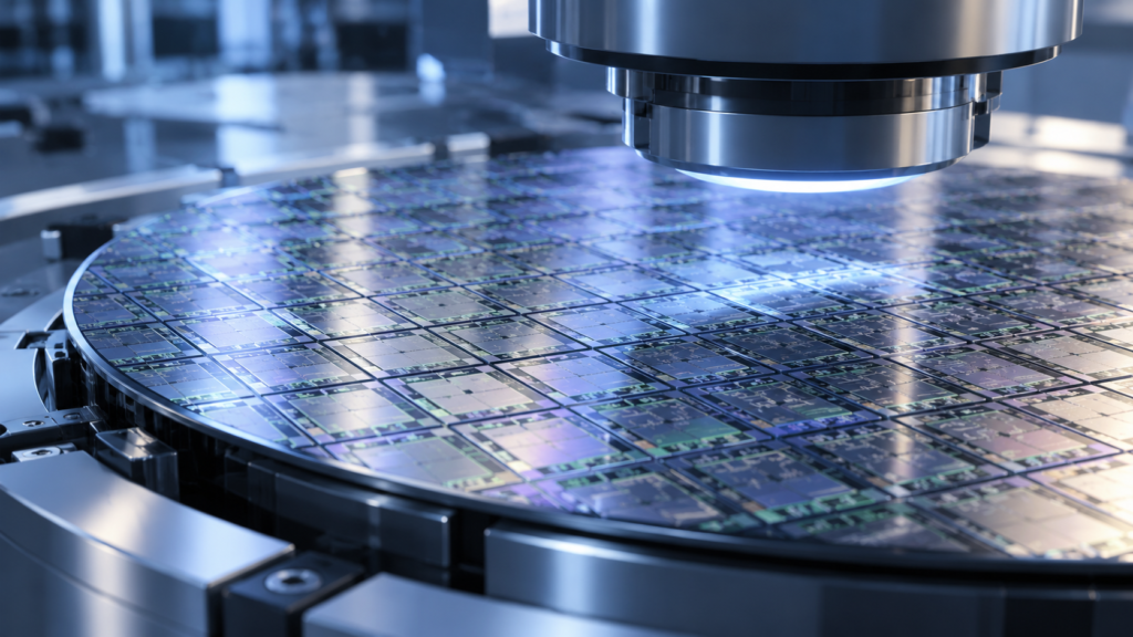Silicon wafer under inspection before advanced packaging AI chips are assembled