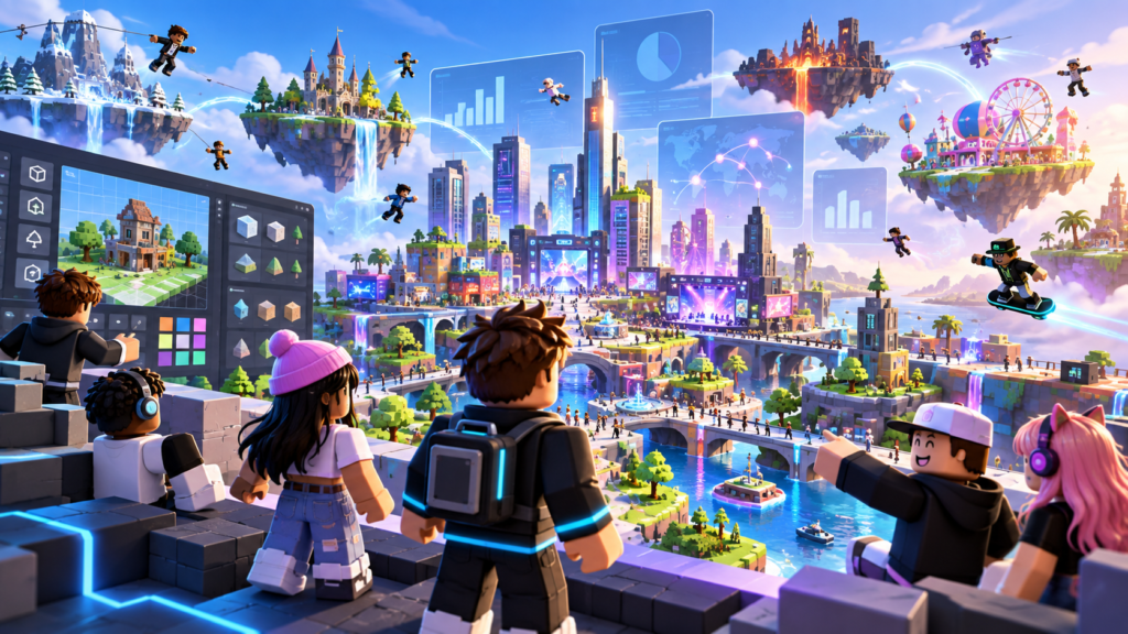 “Roblox stock featured image showing a colorful virtual world, player avatars, and game creation tools.”