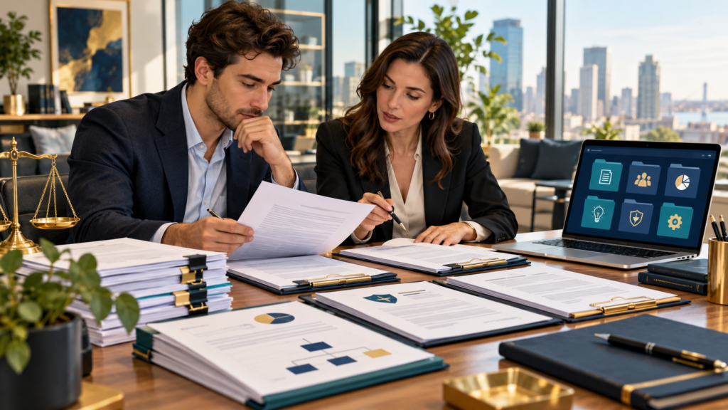 Founder and legal advisor reviewing company documents beside a laptop displaying organized digital folders.